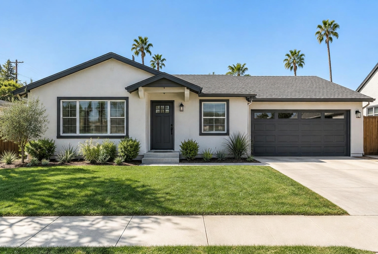 Demonstration: same home exterior freshly painted white with charcoal trim