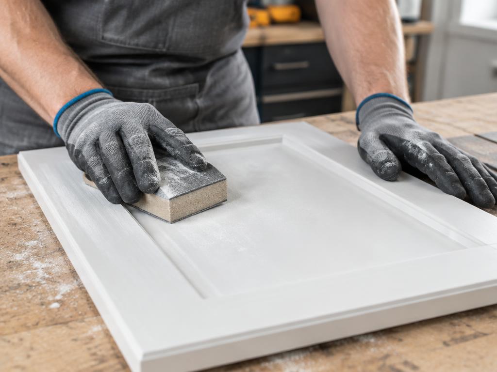 Cabinet door being sanded before painting