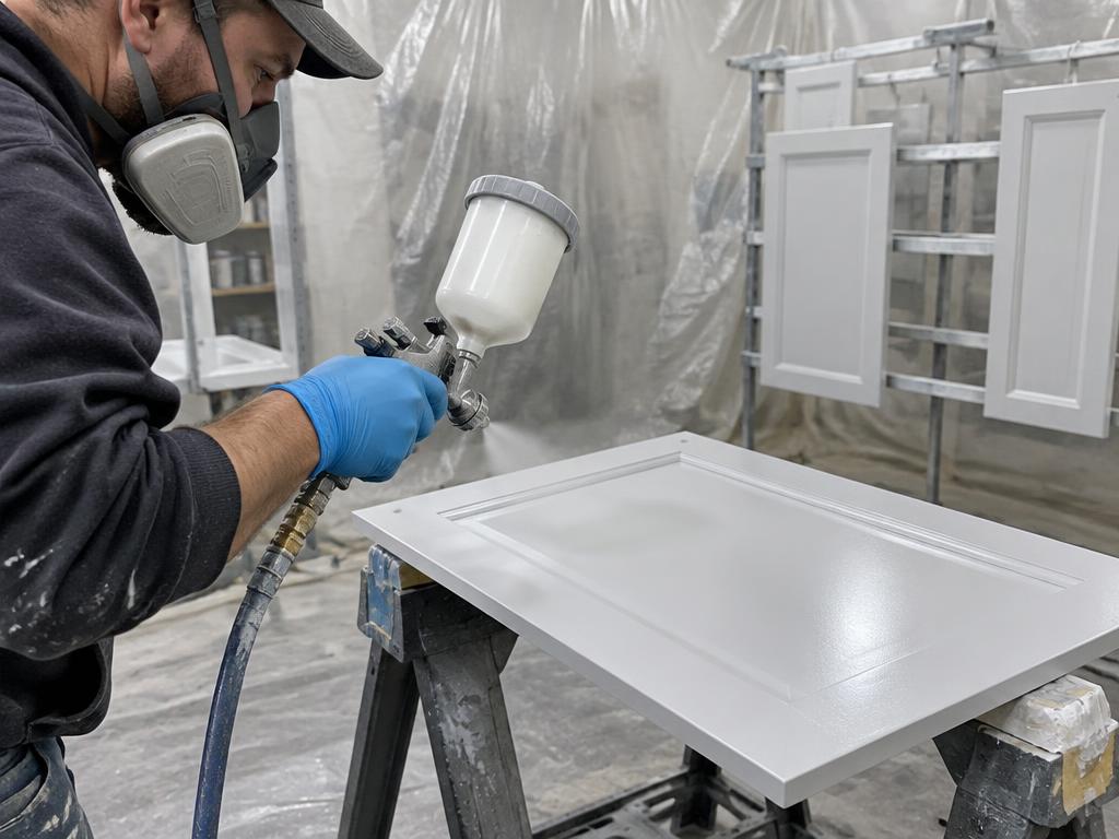 Painter with respirator and gloves spraying paint onto a detached cabinet door on sawhorses in a plastic-sheathed spray area