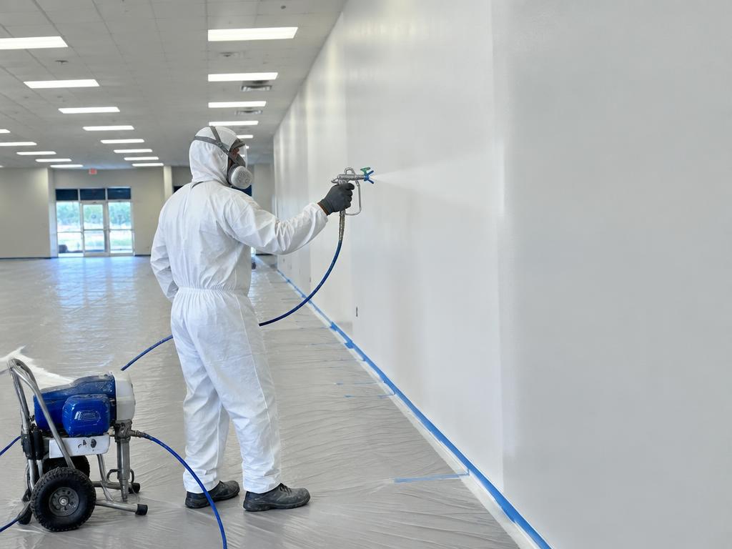 Painter spraying a commercial wall with an airless sprayer