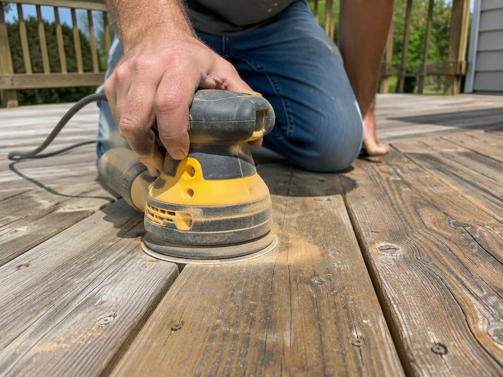 Weathered deck boards being sanded before refinishing