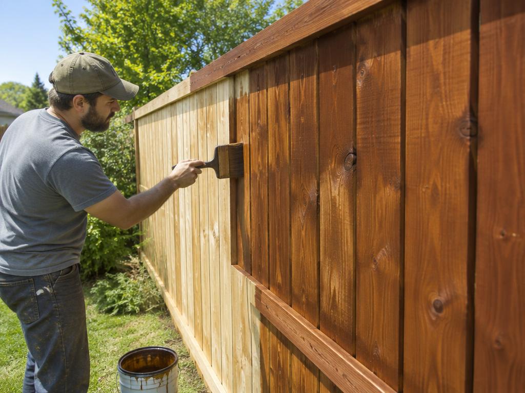 Wood stain being brushed onto a fence