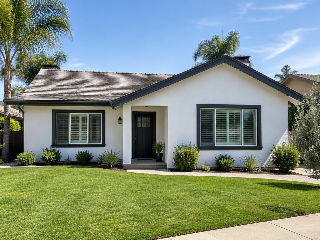 Freshly painted single-story stucco home with dark trim