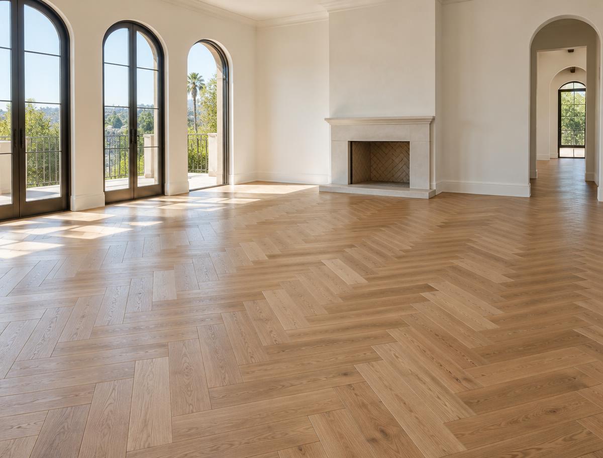 Natural oak parquet flooring laid in a herringbone pattern