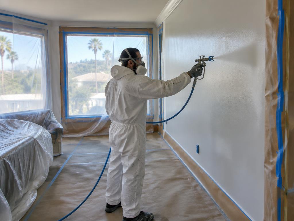 Painter in protective gear spraying an interior wall with an airless sprayer, floors and windows masked