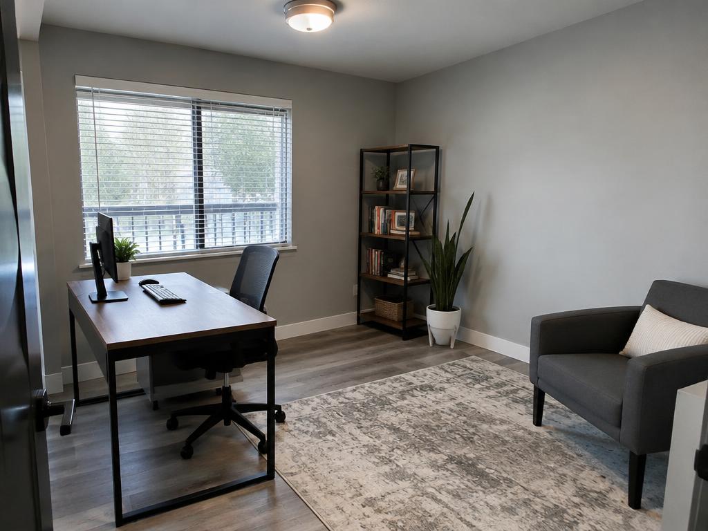 Freshly painted office room with gray walls