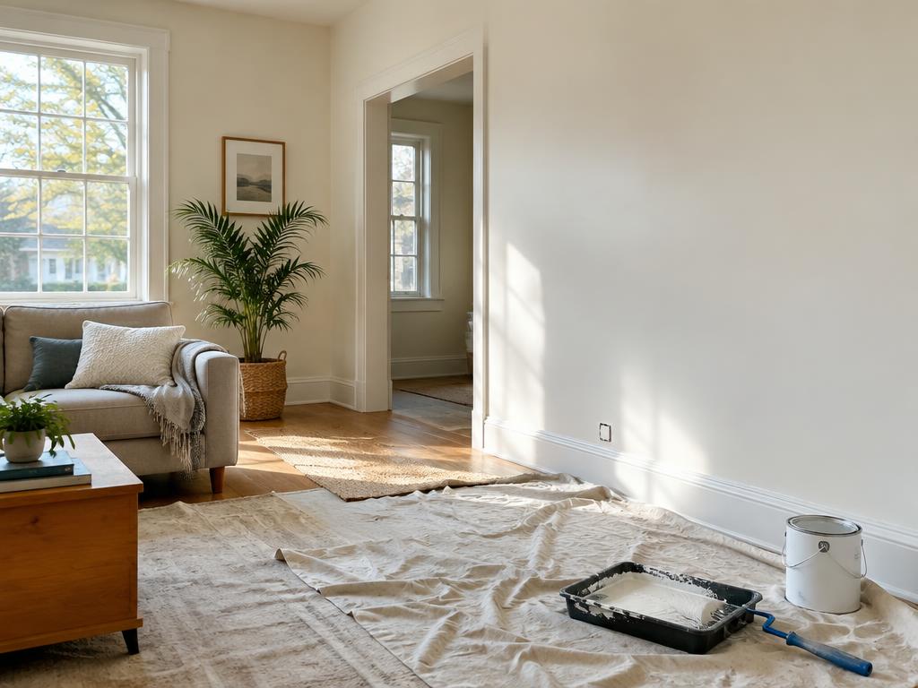 Freshly painted living room with drop cloth, roller and paint can